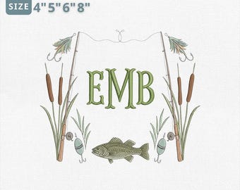 Bass Fishing Crest Embroidery Design, Fishing Season Monogram Frame Embroidery File, Crest for Fishing Lovers File, Instant Download