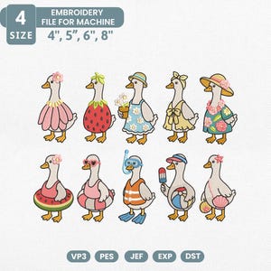 May include: An embroidery file for machine featuring ten cartoon geese in summer attire. The geese are wearing dresses, hats, and accessories like sunglasses and a snorkel. The image includes the text "EMBROIDERY FILE FOR MACHINE" and size options of 4", 5", 6", and 8".