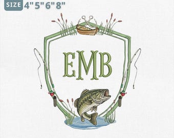 Bass Fishing Crest Embroidery Design, Fishing Season Monogram Frame Embroidery File, Crest for Fishing Lovers File, Instant Download
