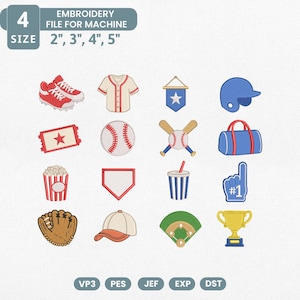 May include: A collection of baseball-themed embroidery designs. Includes a baseball, jersey, helmet, glove, trophy, and other related items. The designs are available in sizes 2", 3", 4", and 5". The image also includes the text "EMBROIDERY FILE FOR MACHINE".