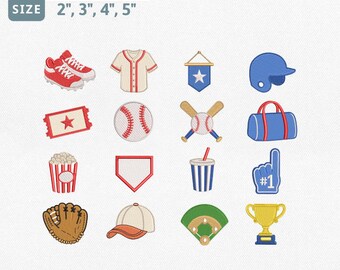Baseball Icons Bundle Embroidery Design, Mini Baseball Machine Embroidery File, Game Day Sports Fan Bundle, Baseball Cap Glove Bat Pes File