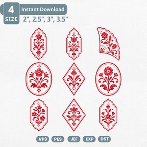 May include: A collection of nine red floral embroidery designs in various geometric shapes including ovals, diamonds, and scalloped frames. Text at the top reads 4 SIZE 2", 2.5", 3", 3.5". File formats VP3, PES, JEF, EXP, and DST are listed at the bottom.