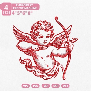 Puede incluir: Archivo de bordado rojo para máquina con Cupido con arco y flecha. El diseño incluye el texto "ARCHIVO DE BORDADO PARA MÁQUINA" y opciones de tamaño de 10,16 cm, 12,7 cm, 15,24 cm y 20,32 cm. Los formatos de archivo incluyen VP3, PES, JEF, EXP y DST.