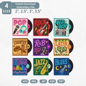 May include: A set of nine embroidered music-themed patches, each featuring a black vinyl record graphic. Designs include Pop, Rock, Hip Hop, Country, R&B, Latin, EDM, Jazz, and Blues with corresponding icons like guitars, microphones, and boomboxes.