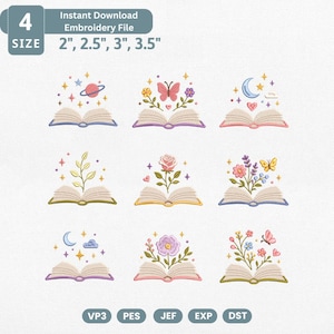 Könnte beinhalten: Ein digitales Stickdateien-Set mit neun offenen Buchmotiven, die verschiedene Elemente wie einen Planeten, Schmetterlinge, Blumen, Sterne, einen Mond und Herzen zeigen. Der Text oben lautet: 4 SIZE Instant Download Embroidery File 2", 2.5", 3", 3.5".