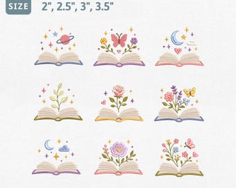 Book Lover Embroidery Design Bundle, Open Book Machine Embroidery File, Floral Celestial Butterfly Moon Garden Reading Book Set Pes File