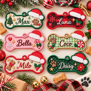May include: Six bone-shaped pet ornaments featuring embroidered names Max, Luna, Bella, Coco, Milo, and Daisy. Each ornament includes a Santa hat, festive patterns like plaid, gingham, and holiday motifs such as trees, snowflakes, and holly.