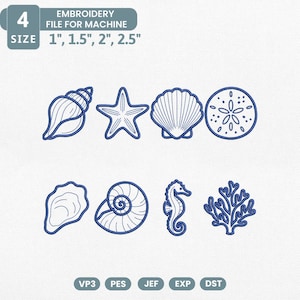 May include: A collection of eight blue embroidery designs featuring various sea creatures and elements, including a seashell, starfish, scallop shell, sand dollar, oyster, nautilus shell, seahorse, and coral. The designs are available in four sizes: 1", 1.5", 2", and 2.5".
