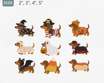Dachshund Halloween Embroidery Design Bundle, Wiener Dog Costume Machine Embroidery File, Witch Pirate Pumpkin Ghost Hot Dog Set Pes File