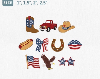 Patriotic USA Bundle Embroidery Design, 4th of July Machine Embroidery File, Western Cowboy Icons Bundle, American Flag Eagle Mini Pes File