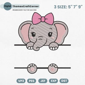 May include: An embroidery file featuring a cute gray elephant with a pink bow, ears, and accents. The design includes the text "ThomasCraftCorner" and "#EMBROIDERY FILE FOR MACHINE". The image also shows the sizes 5", 7", and 9".
