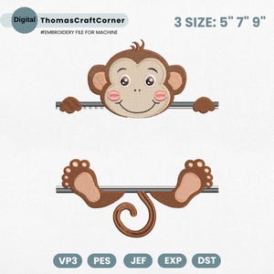 May include: An embroidery file featuring a cartoon monkey design. The monkey's head and feet are visible, holding onto a horizontal bar. The design includes the text "ThomasCraftCorner" and "#EMBROIDERY FILE FOR MACHINE". Available in 3 sizes: 5", 7", and 9".