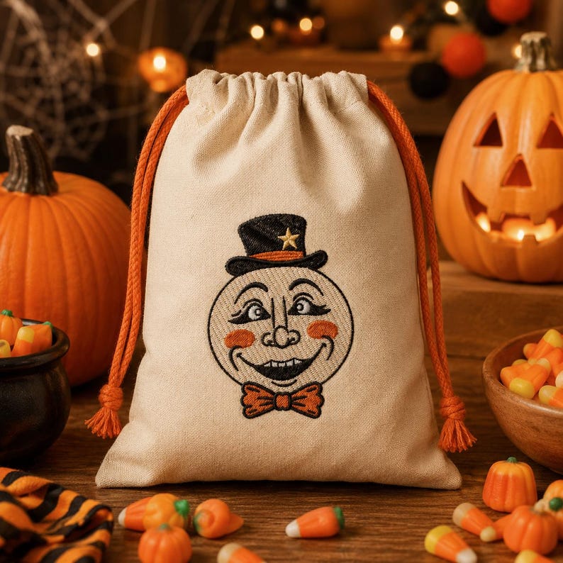 Puede incluir: Una bolsa de tela beige con cord&oacute;n ajustable que presenta un dise&ntilde;o bordado de una cara de luna sonriente con un sombrero de copa negro con una estrella dorada y una pajarita naranja. La bolsa tiene cordones trenzados de color naranja.