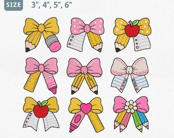 Back To School Bow Embroidery Design Bundle, Coquette Teacher Machine Embroidery File, Pencil Apple Ruler Crayon Notebook Bows Pes Set