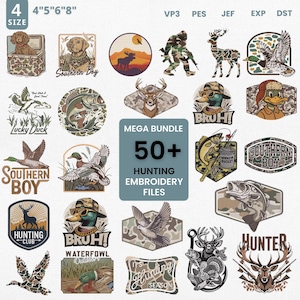 Może przedstawiać: Kolekcja ponad 50 plików haftu z motywem myśliwskim. Projekty obejmują kaczki, jelenie, ryby i psy, z tekstami takimi jak "Southern Boy" i "Bruh!". Projekty są w różnych kolorach i stylach, idealne do odzieży i akcesoriów.