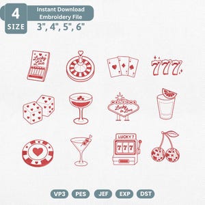 May include: A set of red line art embroidery designs featuring casino and party themes including a matchbook, roulette wheel, playing cards, 777, dice, cocktails, a welcome sign, a poker chip, a slot machine, and disco ball cherries.