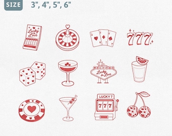 Casino Love Embroidery Design Bundle, Lucky In Love Machine Embroidery File, Redwork Casino Icons, Dice Roulette Slot Cocktail Pes File