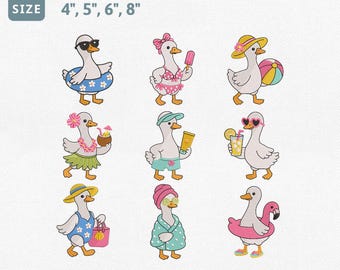 Preppy Goose Embroidery Design Bundle, Summer Goose Machine Embroidery File, Beach Goose Bikini Pool Float Lemonade Vacation Pes File Set