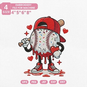 Peut inclure: Une broderie d'un personnage de baseball avec une casquette rouge, tenant une batte et portant des baskets rouges. Le baseball a des paillettes et des accents rouges dégoulinants. Le texte "BRODERIE FICHIER POUR MACHINE" et les tailles 10.16cm, 12.7cm, 15.24cm, et 20.32cm sont inclus.