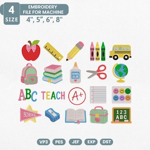 Può includere: Una collezione di ricami a tema scolastico. Include una mela, un righello, una matita, pastelli, un autobus scolastico, uno zaino, libri, colla, forbici, un mappamondo, le parole "ABC TEACH", un simbolo A+, un blocco note, faccine sorridenti, uno striscione scolastico, un temperamatite, un libro aperto, una borsa per il pranzo e una lavagna.