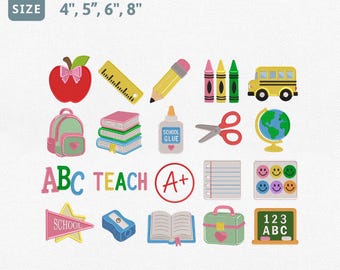 Teacher Icons Embroidery Design Bundle, Back To School Machine Embroidery File, School Supplies Mini Icons, Apple Pencil Books Pes File