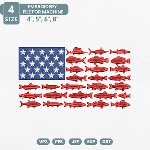 May include: An embroidery file for machine embroidery featuring an American flag design. The flag's stars are white on a blue background, and the stripes are replaced with red fish. The file sizes are 4", 5", 6", and 8".