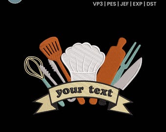 Kitchen Utensils Split Embroidery Design, Baking Tools Embroidery Design, Split Name Frame Design, Chef File, Machine Embroidery Design