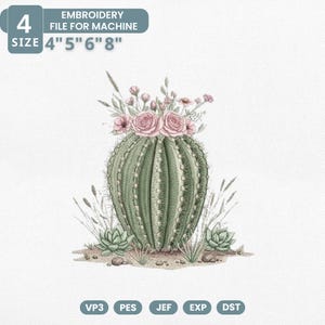 May include: An embroidery file for machine use featuring a green cactus adorned with pink roses and other floral elements. The design includes the text "EMBROIDERY FILE FOR MACHINE" and size options of 10.16cm, 12.7cm, 15.24cm, and 20.32cm.