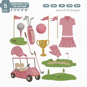 May include: An embroidery file for machine with 16 golf-themed designs. The image features a pink golf cart, golf balls, clubs, flags, a trophy, a shirt and skirt, and a glove. The sizes are 2", 3", 4", 5", and 6".
