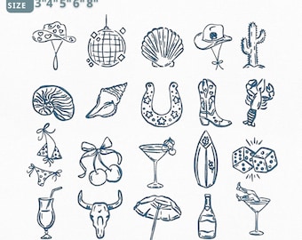 Coastal Cowgirl Embroidery Bundle, Pastel Western Beach Cowgirl Icon Embroidery Designs, Summer Cowgirl Hat Boots Shell Surf Theme