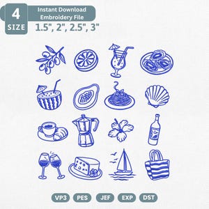 May include: A digital embroidery file set featuring sixteen blue line art icons including an olive branch, citrus slice, cocktail, oysters, coconut drink, papaya, pasta, seashell, coffee, moka pot, hibiscus, bottle, wine glasses, cheese, sailboat, and tote bag.