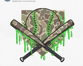 Camo Baseball Drip Embroidery Design, Baseball Home Plate and Bat Embroidery File, Retro Game Day Embroidery File, Camouflage Ice Cream Drip