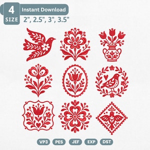 May include: A collection of nine red embroidery designs featuring birds, flowers, and vases. Text includes 4 SIZE 2", 2.5", 3", 3.5" and file formats VP3, PES, JEF, EXP, DST. The patterns are arranged in a grid on a white background.