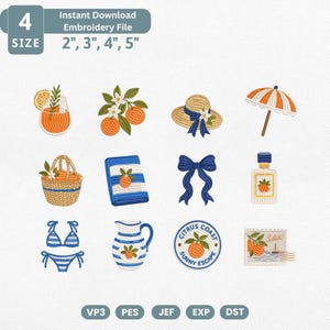May include: A digital embroidery file set featuring twelve summer-themed designs including an orange drink, citrus branches, a straw hat, a beach umbrella, a basket, a striped towel, a blue bow, a bottle, a bikini, a pitcher, and a stamp with text.