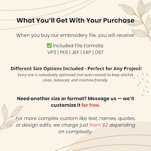 Puede incluir: Un gr&aacute;fico informativo sobre un fondo crema con ilustraciones de hojas. El texto dice: What You'll Get With Your Purchase, Included File Formats: VP3 | PES | JEF | EXP | DST, Different Size Options Included, y detalles sobre ediciones personalizadas.
