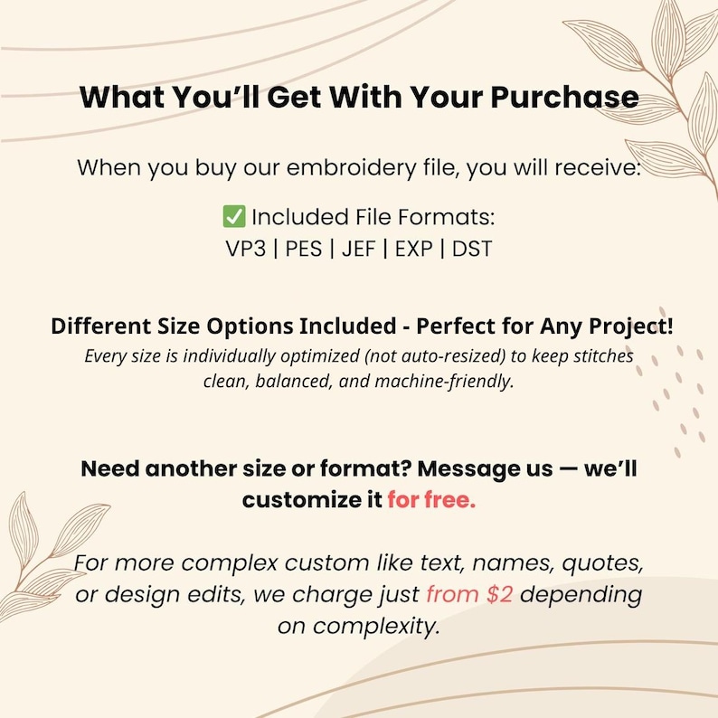 Puede incluir: Un gr&aacute;fico informativo sobre un fondo crema con ilustraciones de hojas. El texto dice: What You'll Get With Your Purchase, Included File Formats: VP3 | PES | JEF | EXP | DST, Different Size Options Included, y detalles sobre ediciones personalizadas.