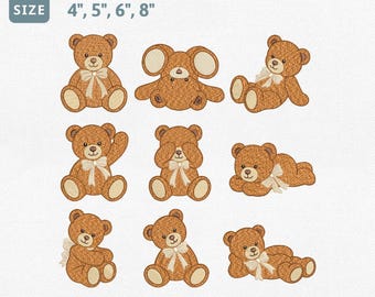 Teddy Bear Embroidery Design Bundle, Baby Bear Machine Embroidery File, Cute Plush Bear Bow, Nursery Stuffed Animal Applique Pes File Set