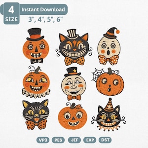 May include: A collection of nine vintage-style Halloween embroidery designs featuring orange pumpkins, black cats, and moon faces with hats and bow ties. Text includes 4 SIZE 3", 4", 5", 6" and file formats VP3, PES, JEF, EXP, DST.