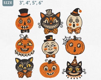 Vintage Halloween Faces Embroidery Design Bundle, Retro Pumpkin Black Cat Ghost Machine Embroidery File, Spooky Bow Tie Pes File Set