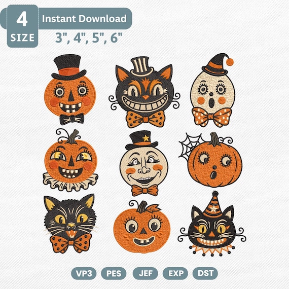 Vintage Halloween Faces Embroidery Design Bundle, Retro Pumpkin Black Cat Ghost Machine Embroidery File, Spooky Bow Tie Pes File Set
