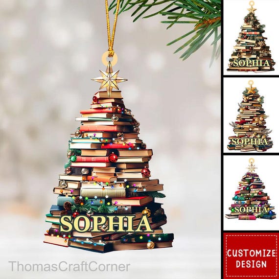 Personalized Christmas Book Tree Ornament Custom Acrylic Book Lover