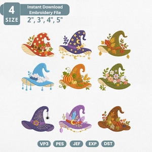 Halloween Witch Hat Embroidery Design Bundle, Spooky Magic Hat Machine Embroidery File, Mushroom Pumpkin Crystal Web Floral Hat Set Pes File