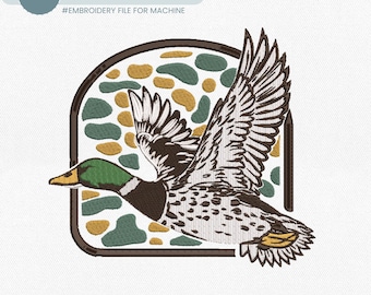 May include: Digital embroidery file by ThomasCraftCorner. The design features a flying duck with detailed wings, a green head, and a brown body, set against a backdrop of brown, green, and yellow shapes. Available in 4 sizes: 2.5", 5", 6", and 8".