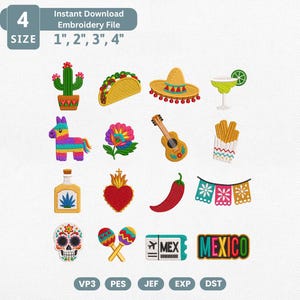 Può includere: Un set di file per ricamo digitale con 16 icone a tema messicano, tra cui un cactus, taco, sombrero, margarita, piñata, fiore, chitarra, churros, bottiglia di tequila, cuore sacro, peperoncino, festoni, teschio, maracas, biglietto e testo.