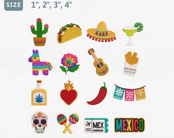 Mexico Embroidery Design Bundle, Fiesta Party Icons Machine Embroidery File, Taco Sombrero Cactus Margarita Guitar Sugar Skull Set Pes File