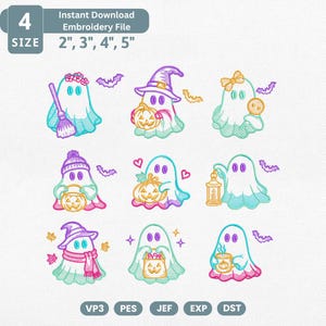 May include: Nine embroidered ghost designs in teal, purple, and orange. Features include ghosts with a broom, witch hat, bow, beanie, pumpkin, lantern, scarf, candy bag, and mug. Text reads: 4 SIZE Instant Download Embroidery File 2", 3", 4", 5".