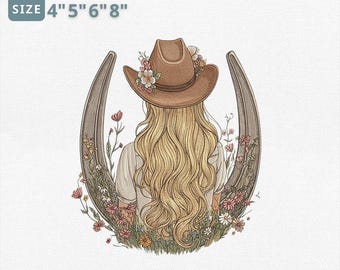Cowgirl Floral Horseshoe Embroidery File, Western Horseshoe Embroidery Design, Lucky Country Stitch For Cowgirl Lovers, Instant Download