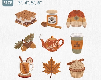 Fall Cozy Icons Embroidery Design Bundle, Autumn Coffee Dessert Machine Embroidery File, Smores Honey Teapot Maple Leaf Sweater Cupcake Set