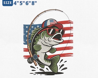 Patriotic Bass Fish Embroidery Design, American Flag Bass Fishing Embroidery File, 4th of July Outdoor Fishing File, Instant Download