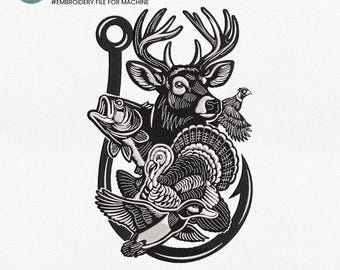 Hunting and Fishing Embroidery Design, Deer Hunting Embroidery File, Mallard Duck Embroidery File, Bass Fishing Pes File, Turkey Hunting